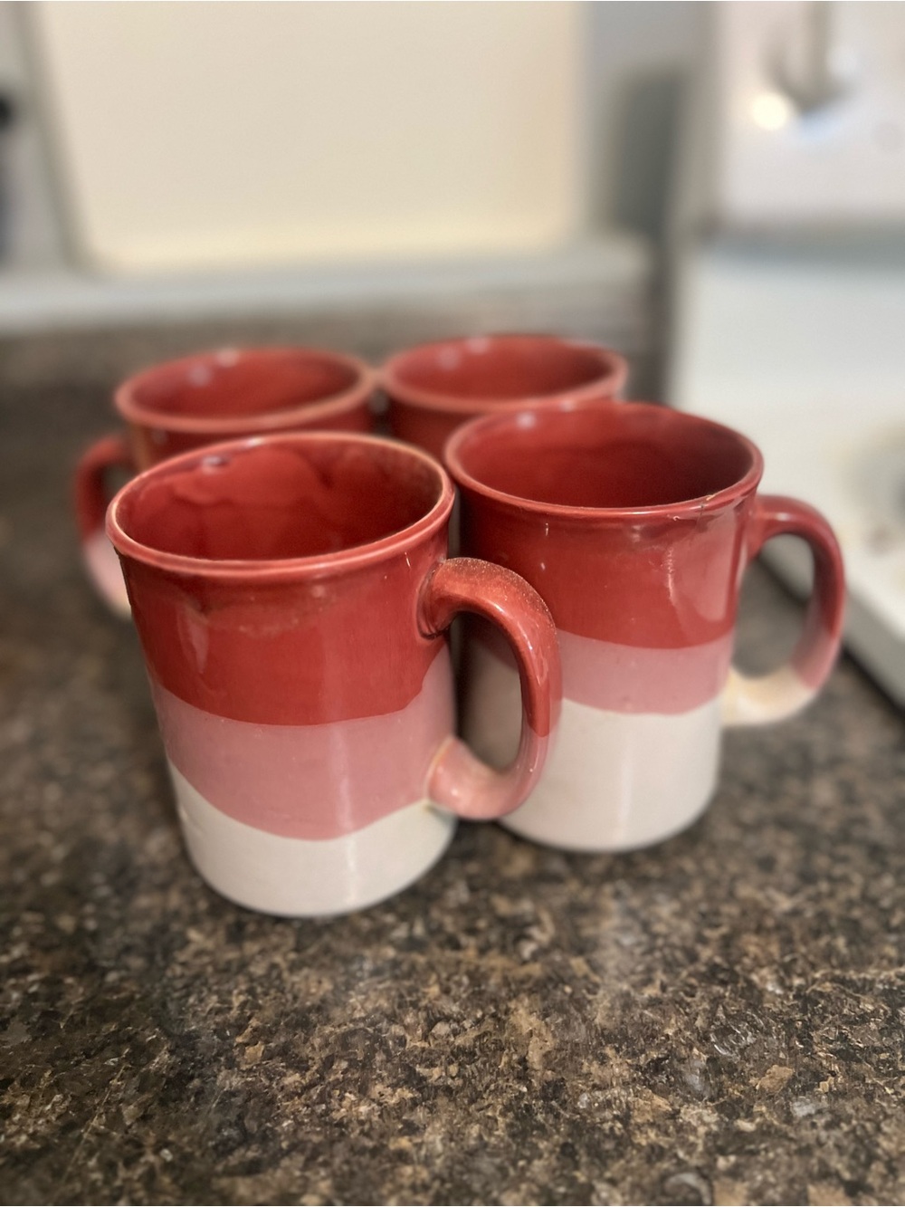 Vintage Style Color Block Waves of Rusty Red Pink Cream Ceramic Mug - Set of 4